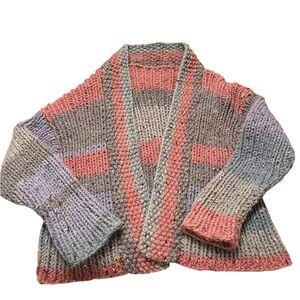 Handmade Pink Gray Striped Chunky Cardigan Womens Oversized